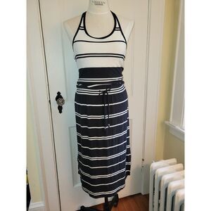 Athleta Dress Women's XS Black‎ & White Stripe Bodycon Ruched TankbRacker Back